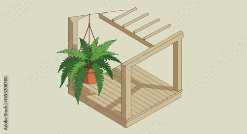 Potted fern hangs from deck. Background is a flat color. For décor or gardening