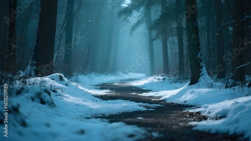 Snowy Forest Pathway in Misty Morning