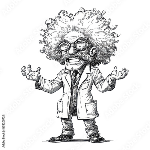 Cartoon mad scientist with wild hair and goggles wearing a lab coat and tie