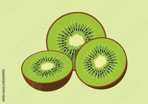 Cut kiwis resting on a plain surface for a recipe illustration or healthy diet