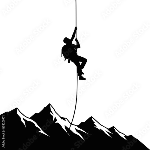 Create a man mountain climb rope vector art silhouette with white background.