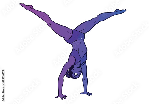 Gymnastics illustration woman performing handstand split on white. Copy space available