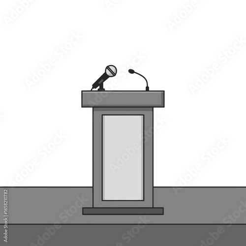 Public Speaking Podium Vector Illustration With Microphones, Cartoon Image of a Gray Speaker's Stand for Presentations and Lectures