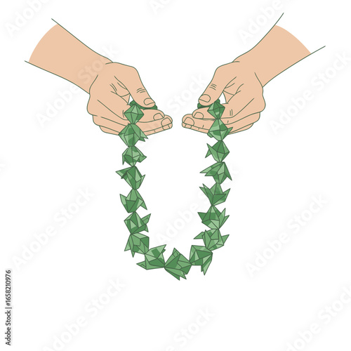 Illustration of a hand holding a lei made of folded paper, showcasing a unique DIY gift, A creative handmade gift: illustration of a hand displaying a folded paper lei