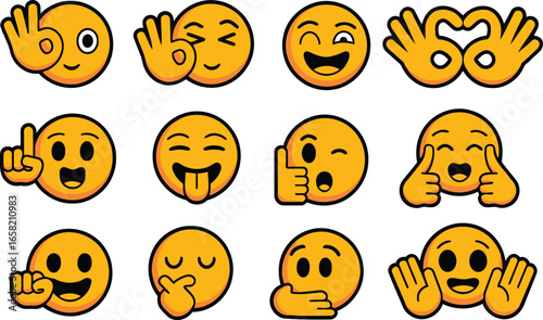 Diverse collection of expressive emoticon faces conveying positive reactions like love and happiness