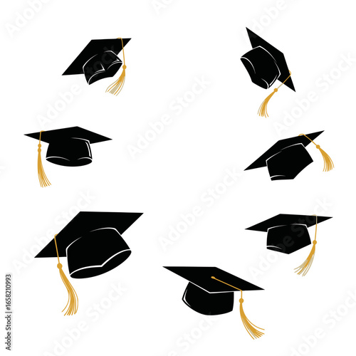 Graduation caps scattered across a white background, Illustrative design of celebratory graduation caps for various design purposes