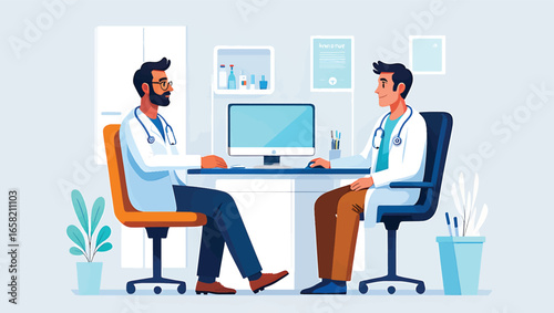 Vector illustration of two male doctors having a professional consultation in a modern medical clinic office with a computer