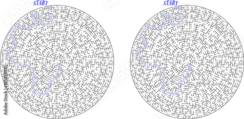 Triangular labyrinth of hard difficulty. Egyptian pyramid with solution - passing route. Maze of high complexity, black and white vector illustration. Nice brainstorm puzzle