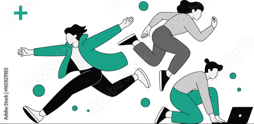 Energetic team members sprint toward success and progress with online business opportunities