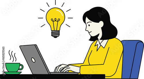Bright idea inspires woman working on a laptop with coffee, creative insight shining down now