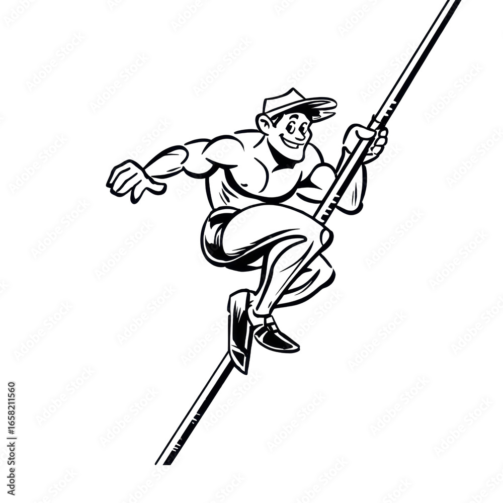 Fototapeta premium Cartoon male character with muscular build wearing a hat and holding a spear depicted in a dynamic pose
