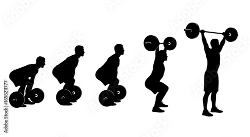 Weightlifting progression: a sequence of silhouettes showing a person's journey from initial struggle to successful overhead lift.