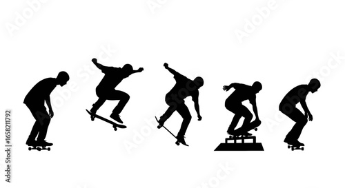 Sequence depicting a skateboarder performing a series of tricks in silhouette.