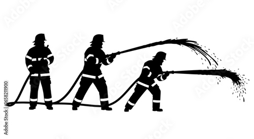 Three firefighters bravely battle a blaze, their silhouettes stark against a white background, wielding hoses to extinguish flames.