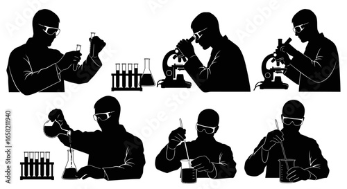 Silhouetted scientists in lab coats conduct experiments with beakers, test tubes, pipettes, and microscopes in a laboratory setting.