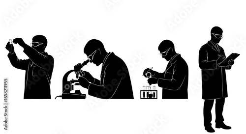 Silhouette illustration of scientists performing various laboratory procedures, including microscopy and experimentation.