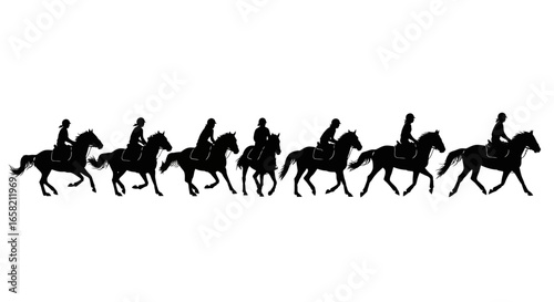 Silhouette depiction of several riders on horseback, in various stages of movement.