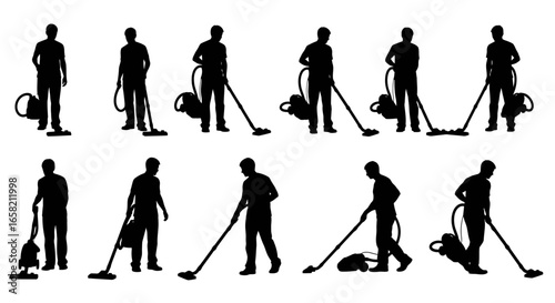 A collection of twelve male silhouettes vacuuming, showcasing various cleaning postures and positions.