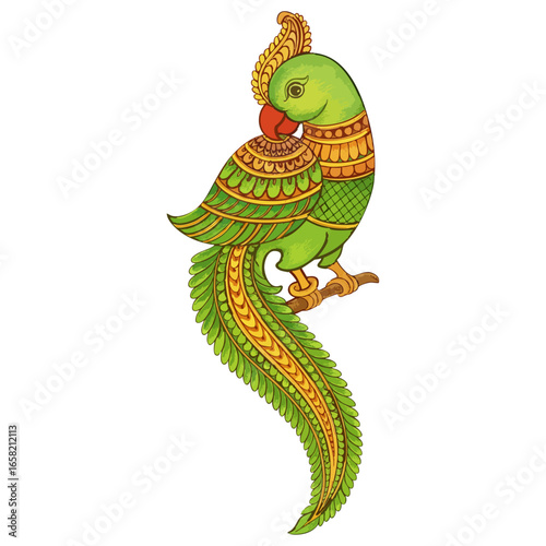Traditional Pichwai Parrot illustration on a white transparent background