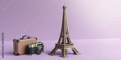 A vintage camera and a sparkling suitcase stand before a miniature Eiffel Tower on a purple background representing travel and adventure