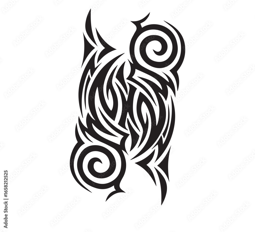 Obraz premium Tribal tattoo design with black decorative pattern and artistic illustration, A black tribal tattoo vector design showcasing an ornamental animal symbol with a floral swirl pattern illustration.