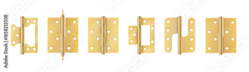 Golden door hinges construction hardware. Realistic set of gold tools for joint gates and windows. metal hinges for house and furniture. vector