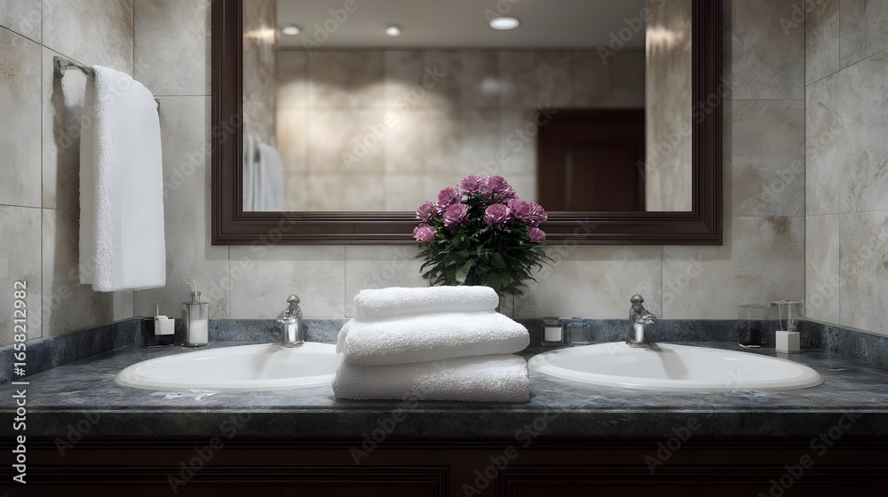 Fototapeta premium Elegant bathroom vanity with twin sinks and floral accents