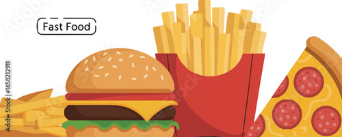 Create a kinds of deferent Fast food item vector art with white background.
