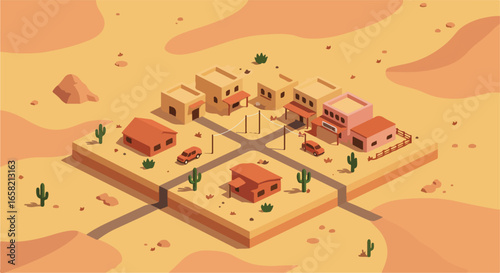 Isometric desert town illustration, with cacti in background, for web design, apps