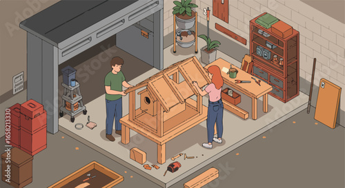 Couple building a birdhouse together in a messy garage workshop. Family activity
