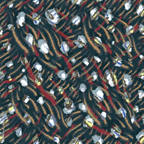A seamless pattern with abstract wavy stripes in black, white and gold creating a dynamic animal-inspired design with a modern twist.