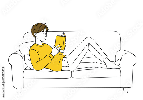 Man relaxes, reading, lying on couch. White background, illustration use
