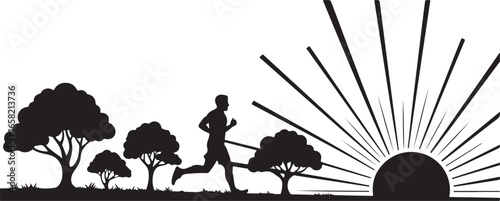 Black and white silhouette of a runner at sunrise, vector illustration