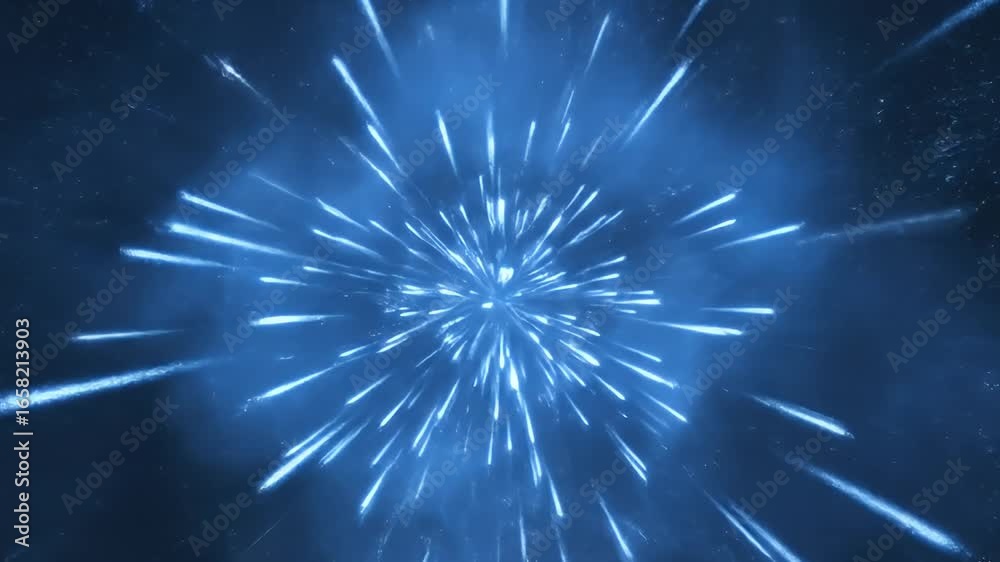 A burst of blue energy or plasma radiates outward against a dark backdrop filled with debris or stars
