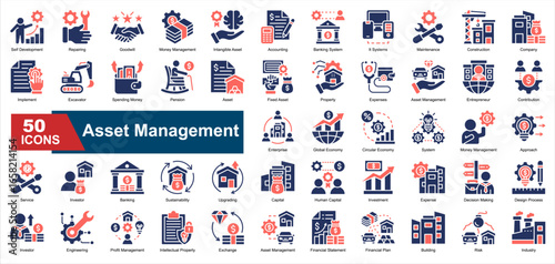 A collection of  Asset Management icons. Includes investment, risk, enterprise, engineering, maintenance, accounting, and more. Perfect for presentations, reports, and business visuals.