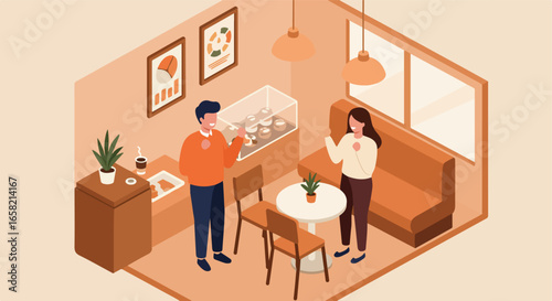 Isometric people in a cafe ordering dessert, art and coffee on display. Use Presentation