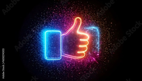 Futuristic Neon Thumbs-Up Icon with Glowing Light Effects on a Dark Background