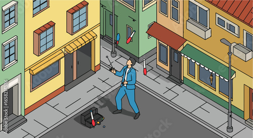 Street performer juggling in a city, urban setting and shopfronts in background