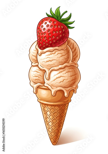 Illustration of an Ice Cream Cone with Strawberry on a White Background