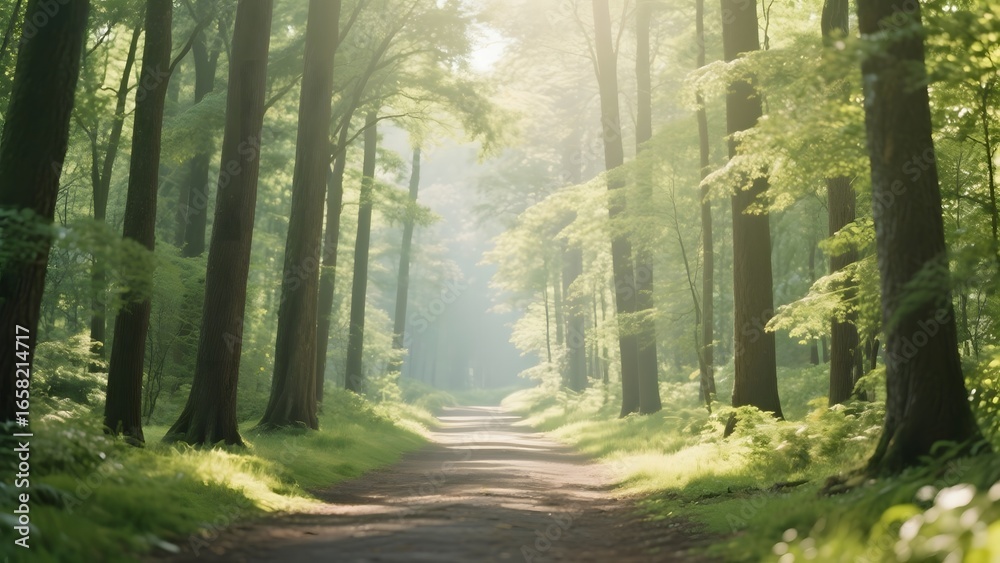 Fototapeta premium Sunlit Forest Pathway with Tall Trees and Lush Greenery
