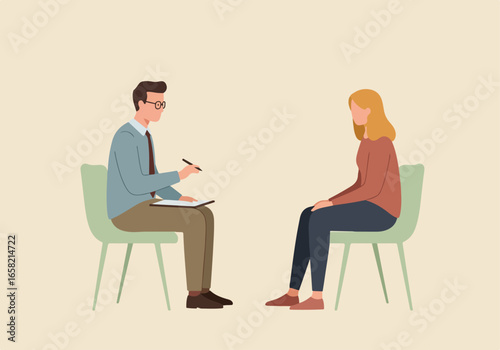 Patient talking to clinician in plain office for therapy and mental health use