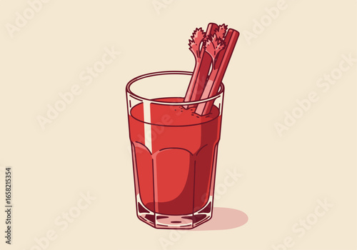 Red drink with celery stalks against a plain background. Health concept