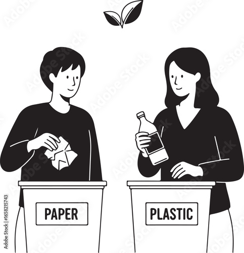 Black and white illustration of people recycling paper and plastic.