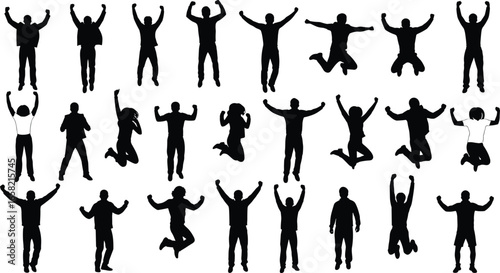 Silhouette, jumping, arms raised, celebration, victory, excitement, joy, happiness, dance, movement, sport, fitness, lifestyle, energetic, pose, posture, activity, vector, illustration,