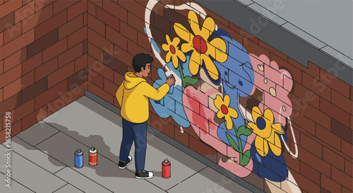 Young man spray-painting flowers on brick wall, possible urban arts project