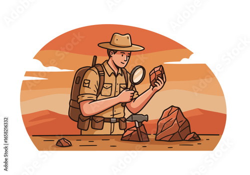Explorer examines rock specimen in the desert with a magnifying glass for study