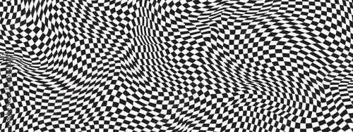 Psychedelic checkerboard pattern with wavy black white checks and 90s retro distortion. Abstract geometric warp effects for trippy Y2K textiles or surreal illusions. Seamless vector tiles optical.