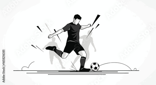 Black and white vector illustration of a soccer player kicking a ball