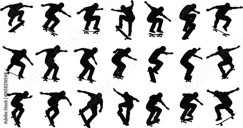 Silhouette, skateboarder, tricks, maneuvers, skateboarding, action, pose, jump, flip, ollie, sport, extreme, balance, stunt, performance, lifestyle, vector, design, movement, skill
