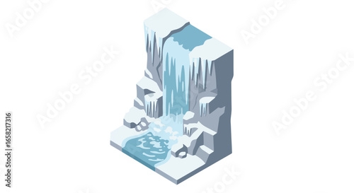 Isometric waterfall with snow and icicles, useful for web design background